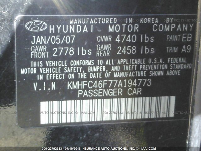 KMHFC46F77A194773 - 2007 HYUNDAI AZERA SE/LIMITED BLACK photo 9