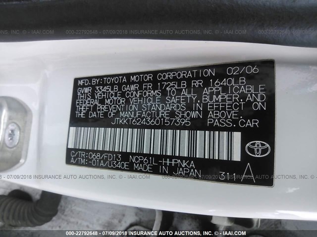 JTKKT624360157395 - 2006 TOYOTA SCION XA WHITE photo 9