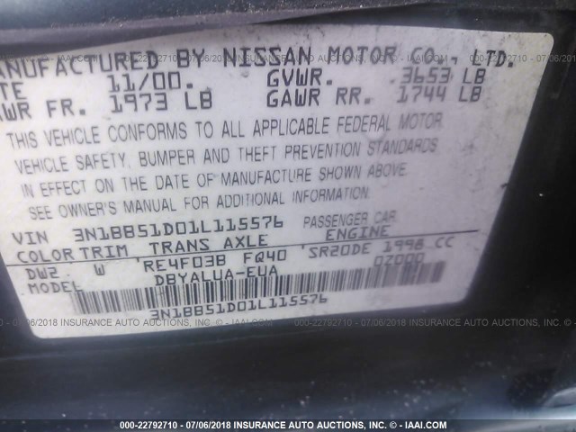 3N1BB51D01L115576 - 2001 NISSAN SENTRA SE GREEN photo 9