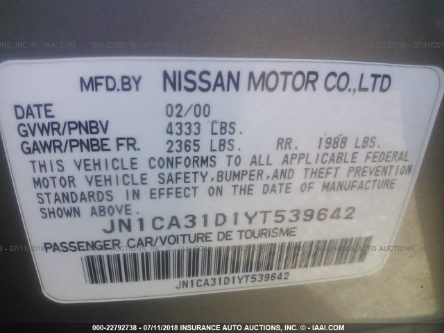 JN1CA31D1YT539642 - 2000 NISSAN MAXIMA GLE/GXE/SE TAN photo 9