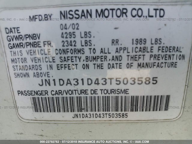 JN1DA31D43T503585 - 2003 NISSAN MAXIMA GLE/GXE/SE WHITE photo 9