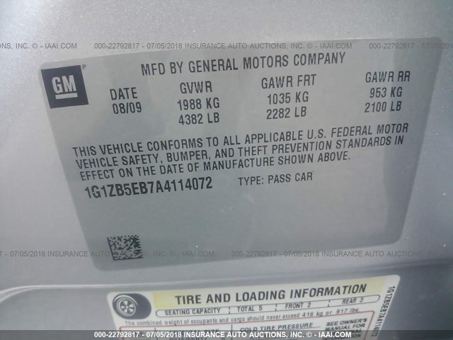 1G1ZB5EB7A4114072 - 2010 CHEVROLET MALIBU LS SILVER photo 9
