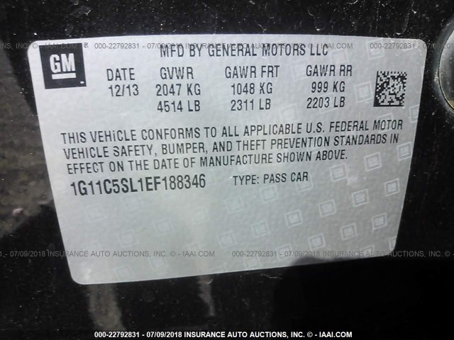 1G11C5SL1EF188346 - 2014 CHEVROLET MALIBU 1LT BLACK photo 9