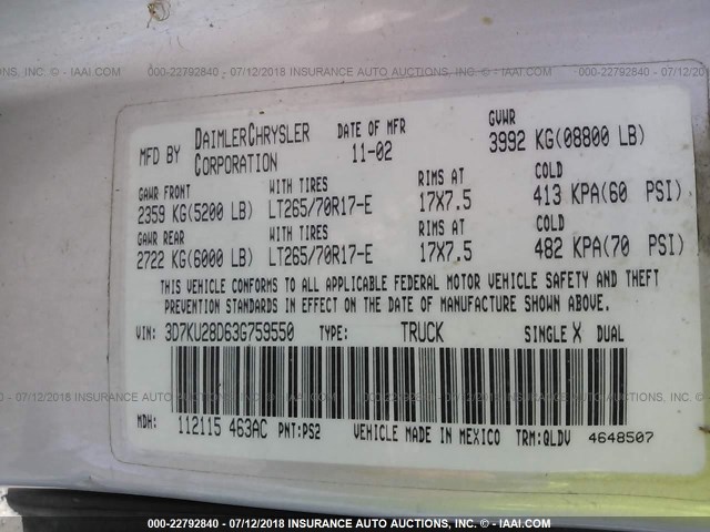 3D7KU28D63G759550 - 2003 DODGE RAM 2500 ST/SLT 银色 照片 9