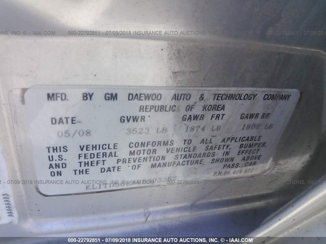 KL1TD56EX9B303362 - 2009 CHEVROLET AVEO LS/LT 银色 照片 9