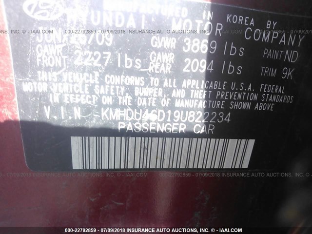 KMHDU46D19U822234 - 2009 HYUNDAI ELANTRA GLS/SE RED photo 9