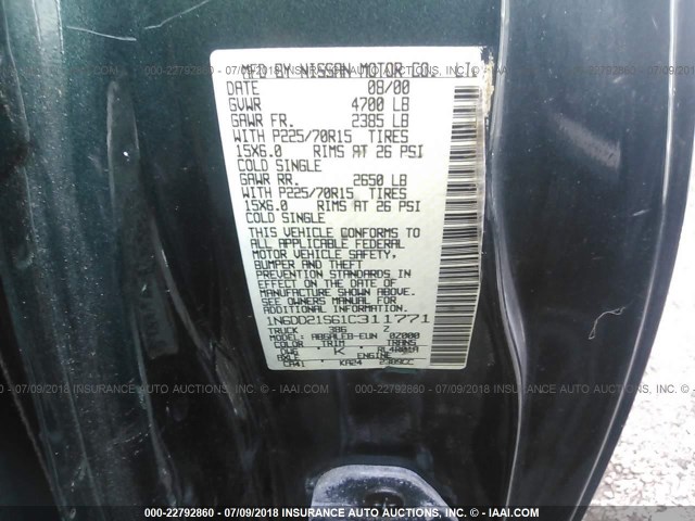 1N6DD21S61C311771 - 2001 NISSAN FRONTIER XE GREEN photo 9