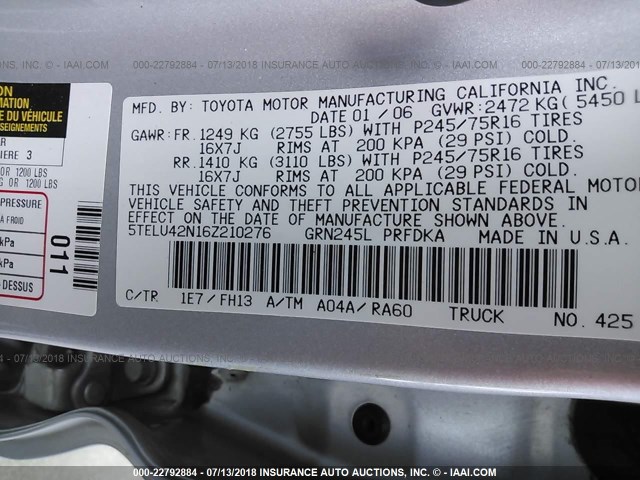 5TELU42N16Z210276 - 2006 TOYOTA TACOMA DOUBLE CAB ნაცრისფერი ფოტო 9
