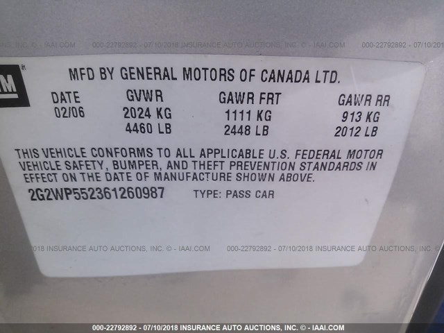2G2WP552361260987 - 2006 PONTIAC GRAND PRIX SILVER photo 9