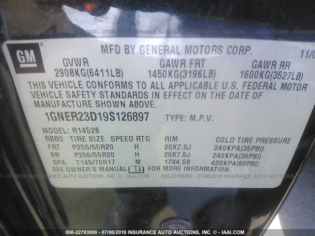 1GNER23D19S126897 - 2009 CHEVROLET TRAVERSE LT GRAY photo 9