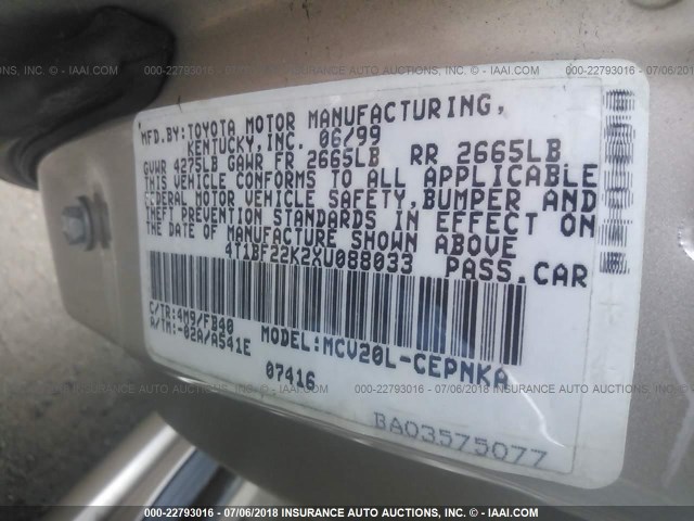 4T1BF22K2XU088033 - 1999 TOYOTA CAMRY LE/XLE 棕色 照片 9