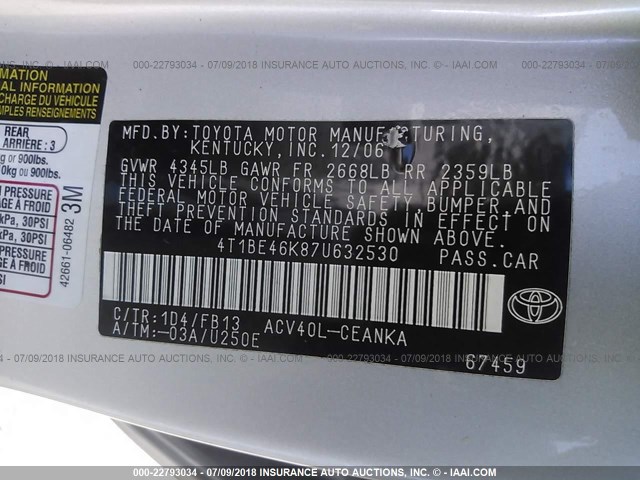 4T1BE46K87U632530 - 2007 TOYOTA CAMRY NEW GENERAT CE/LE/XLE/SE SILVER photo 9