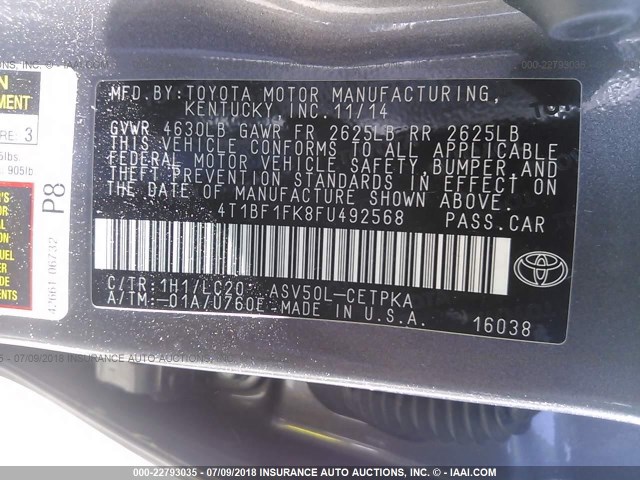 4T1BF1FK8FU492568 - 2015 TOYOTA CAMRY LE/XLE/SE/XSE GRAY photo 9