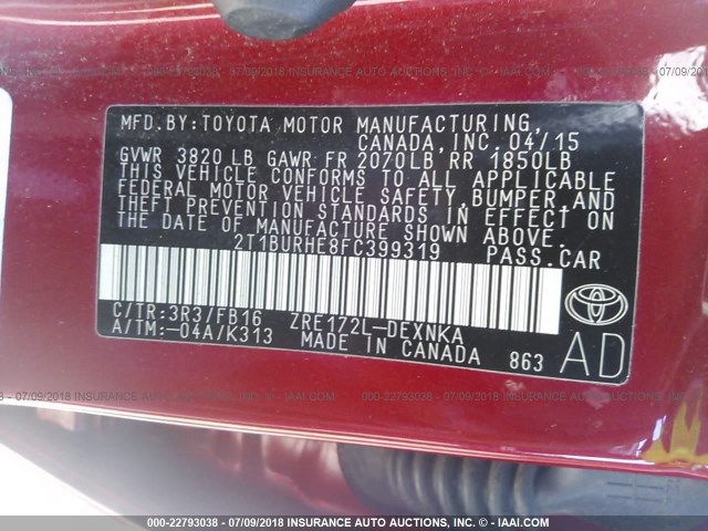 2T1BURHE8FC399319 - 2015 TOYOTA COROLLA L/LE/LE PLS/PRM/S/S PLS წითელი ფოტო 9