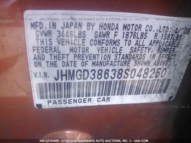 JHMGD38638S048250 - 2008 HONDA FIT SPORT ORANGE photo 9