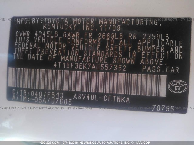 4T1BF3EK7AU557352 - 2010 TOYOTA CAMRY SE/LE/XLE თეთრი ფოტო 9