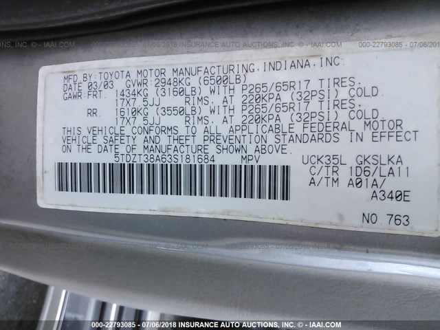 5TDZT38A63S181684 - 2003 TOYOTA SEQUOIA LIMITED GRAY photo 9