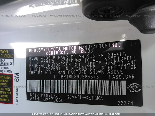 4T1BK46K89U585575 - 2009 TOYOTA CAMRY SE/LE/XLE თეთრი ფოტო 9