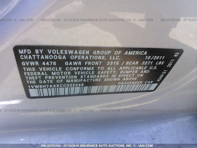 1VWBH7A3XCC022249 - 2012 VOLKSWAGEN PASSAT SE SILVER photo 9