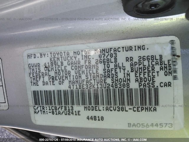 4T1BE32K13U248308 - 2003 TOYOTA CAMRY LE/XLE/SE ვერცხლისფერი ფოტო 9