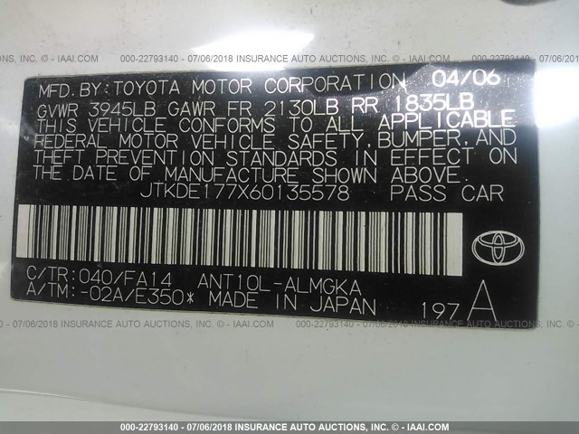 JTKDE177X60135578 - 2006 TOYOTA SCION TC 白色 照片 9