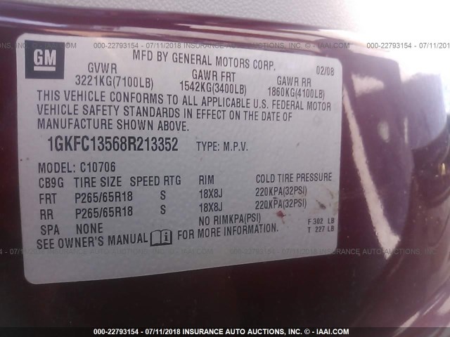 1GKFC13568R213352 - 2008 GMC YUKON HYBRID BURGUNDY photo 9