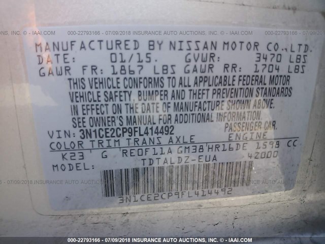 3N1CE2CP9FL414492 - 2015 NISSAN VERSA NOTE S/S PLUS/SV/SL/SR SILVER photo 9