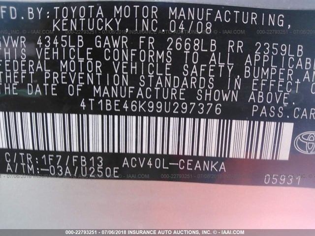 4T1BE46K99U297376 - 2009 TOYOTA CAMRY SE/LE/XLE SILVER photo 9