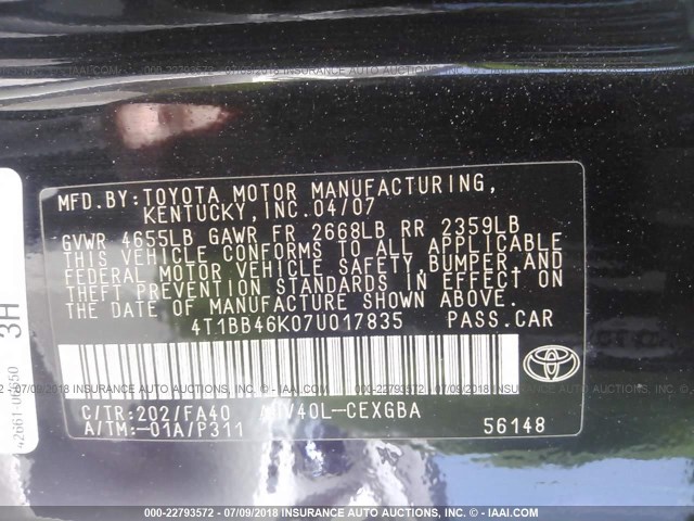 4T1BB46K07U017835 - 2007 TOYOTA CAMRY NEW GENERAT HYBRID BLACK photo 9