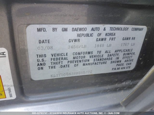 KL1TD56638B255372 - 2008 CHEVROLET AVEO LS GRAY photo 9