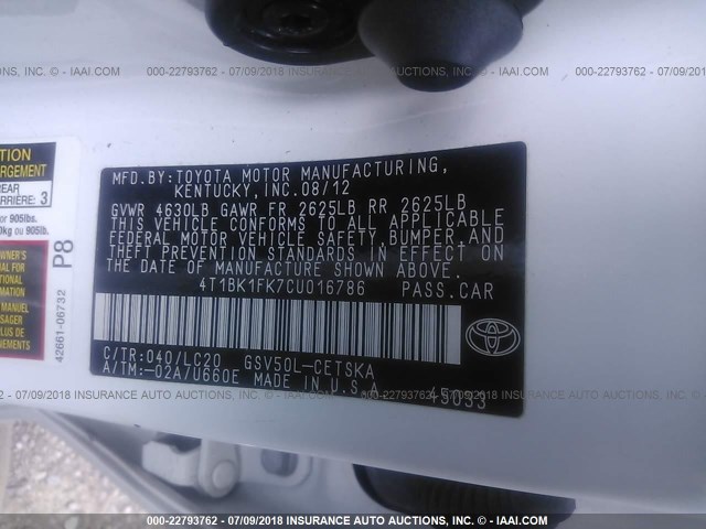 4T1BK1FK7CU016786 - 2012 TOYOTA CAMRY SE/XLE WHITE photo 9