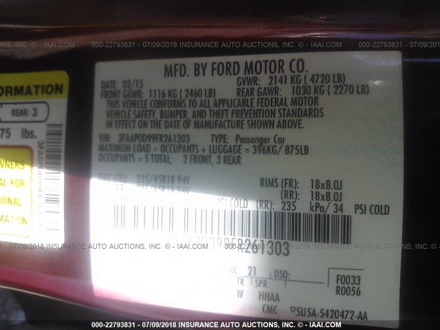 3FA6P0D99FR261303 - 2015 FORD FUSION TITANIUM RED photo 9