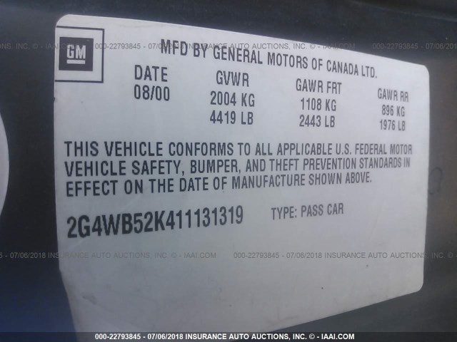 2G4WB52K411131319 - 2001 BUICK REGAL LS GRAY photo 9