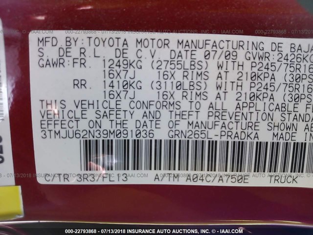 3TMJU62N39M091036 - 2009 TOYOTA TACOMA DOUBLE CAB PRERUNNER RED photo 9