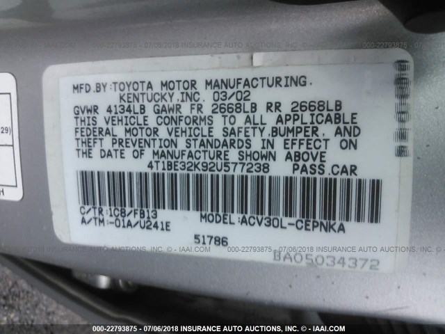 4T1BE32K92U577238 - 2002 TOYOTA CAMRY LE/XLE/SE Gümüş foto 9