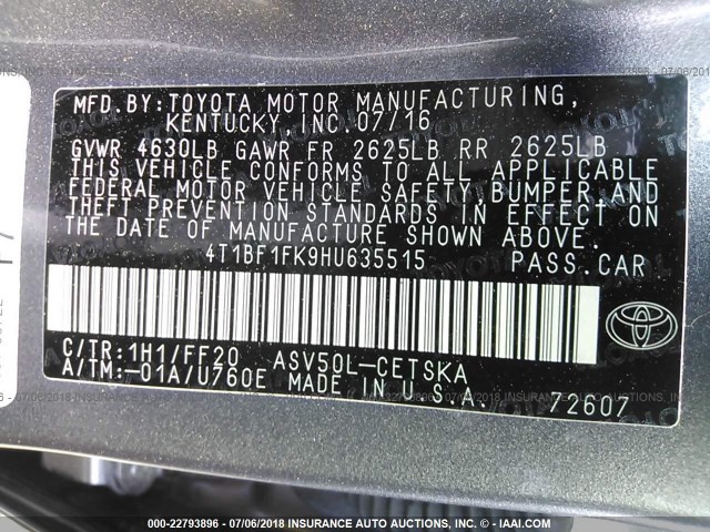 4T1BF1FK9HU635515 - 2017 TOYOTA CAMRY LE/XLE/SE/XSE 灰色 照片 9