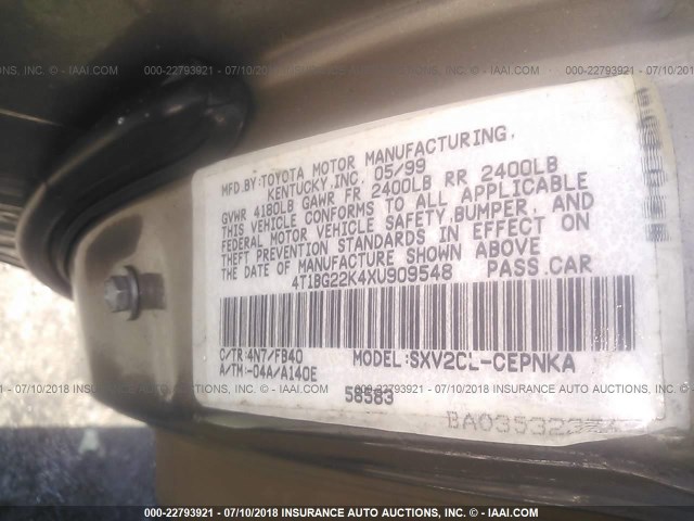4T1BG22K4XU909548 - 1999 TOYOTA CAMRY CE/LE/XLE 棕色 照片 9