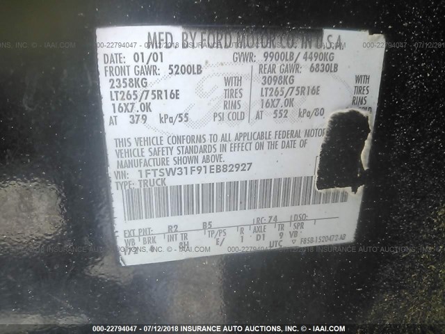 1FTSW31F91EB82927 - 2001 FORD F350 SRW SUPER DUTY BLACK photo 9