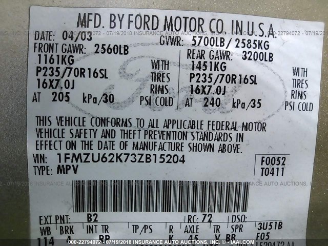 1FMZU62K73ZB15204 - 2003 FORD EXPLORER XLS/XLS SPORT GOLD photo 9