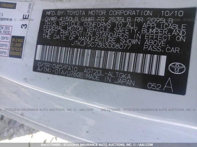 JTKJF5C73B3008077 - 2011 TOYOTA SCION TC 白色 照片 9