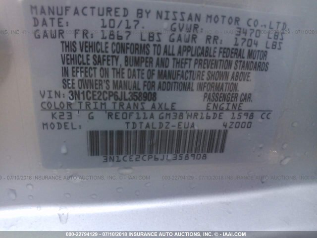 3N1CE2CP6JL358908 - 2018 NISSAN VERSA NOTE S/S PLUS/SV/SL/SR SILVER photo 9