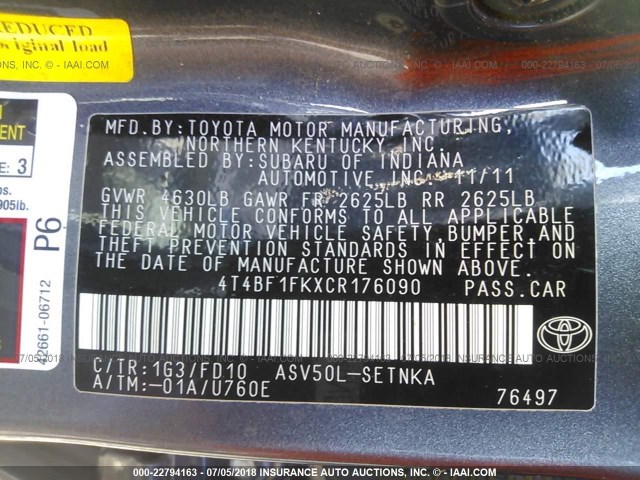 4T4BF1FKXCR176090 - 2012 TOYOTA CAMRY SE/LE/XLE GRAY photo 9