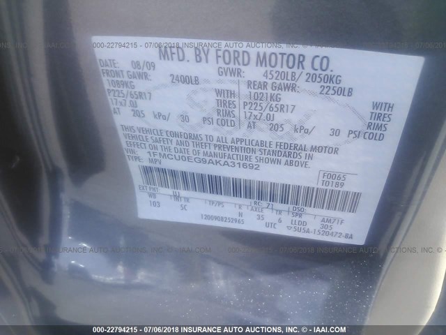 1FMCU0EG9AKA31692 - 2010 FORD ESCAPE LIMITED GRAY photo 9