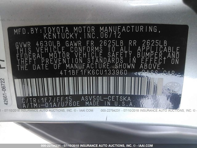 4T1BF1FK6CU133960 - 2012 TOYOTA CAMRY SE/LE/XLE 银色 照片 9