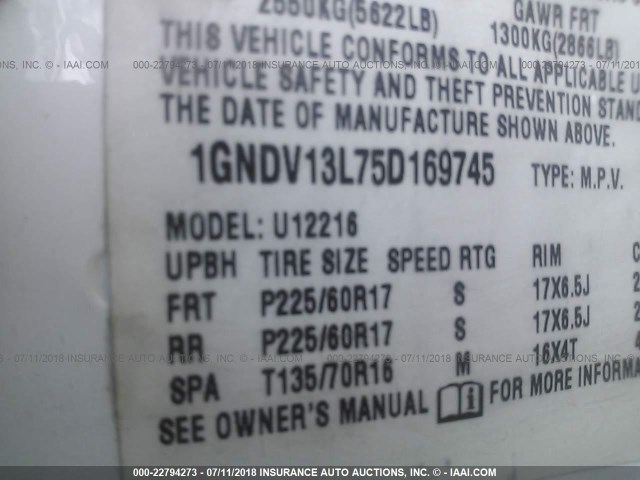 1GNDV13L75D169745 - 2005 CHEVROLET UPLANDER WHITE photo 9