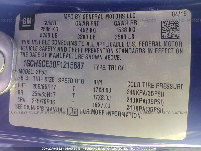 1GCHSCE30F1215687 - 2015 CHEVROLET COLORADO Z71 BLUE photo 9