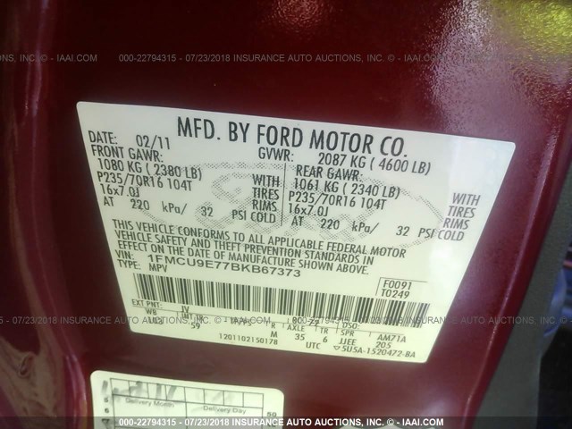1FMCU9E77BKB67373 - 2011 FORD ESCAPE LIMITED RED photo 9