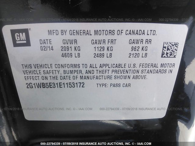 2G1WB5E31E1153172 - 2014 CHEVROLET IMPALA LIMITED LT BLACK photo 9