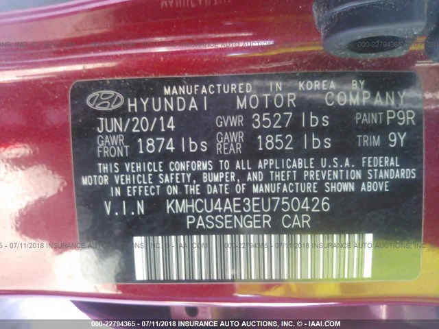 KMHCU4AE3EU750426 - 2014 HYUNDAI ACCENT GLS/SE RED photo 9