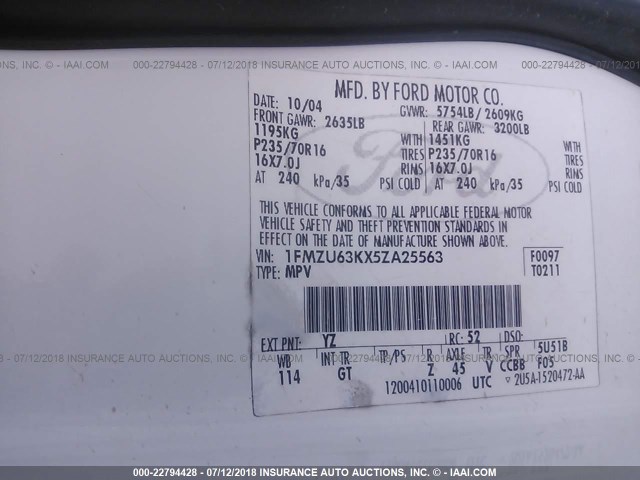 1FMZU63KX5ZA25563 - 2005 FORD EXPLORER XLT/XLT SPORT/NBX 白色 照片 9